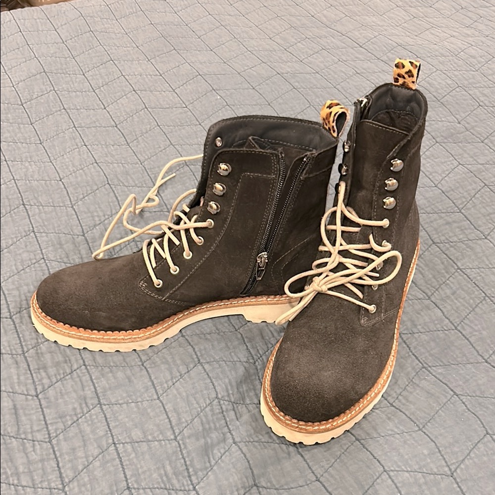 Charcoal Gray Suede Lace-Up Boots with Leopard Detail-Side Zip